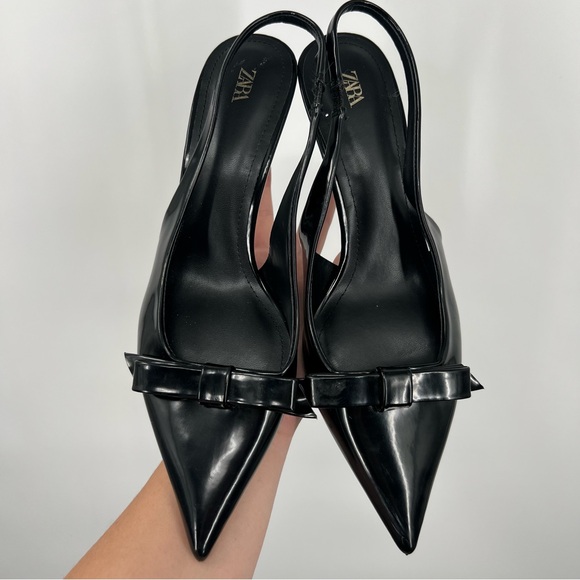 Zara Black Patent Finished Bow Slingback Kitten Heels - Picture 1 of 8